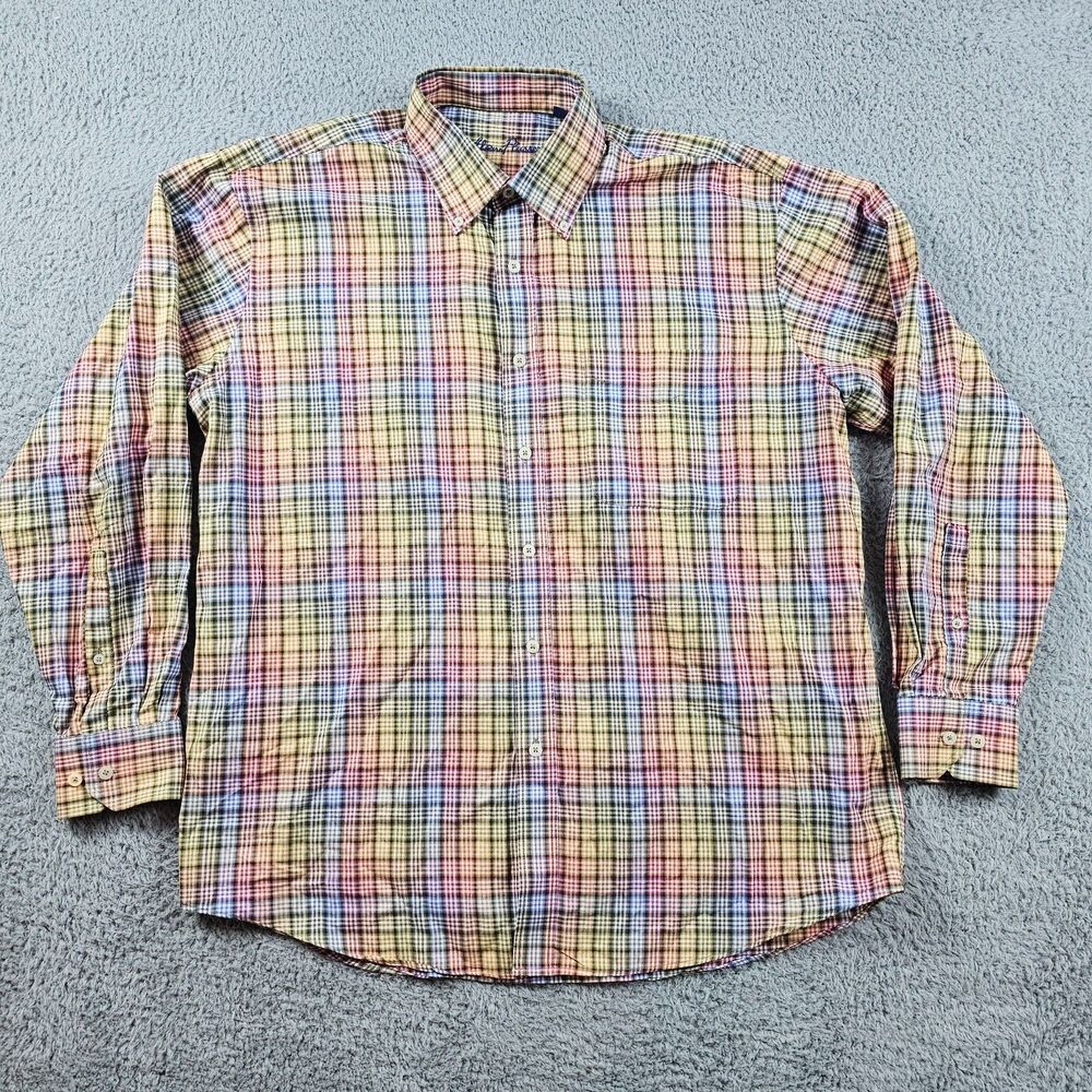 Alan Flusser Shirt Mens Large Plaid Yellow Orange Plaid Gingham Colorful Preppy